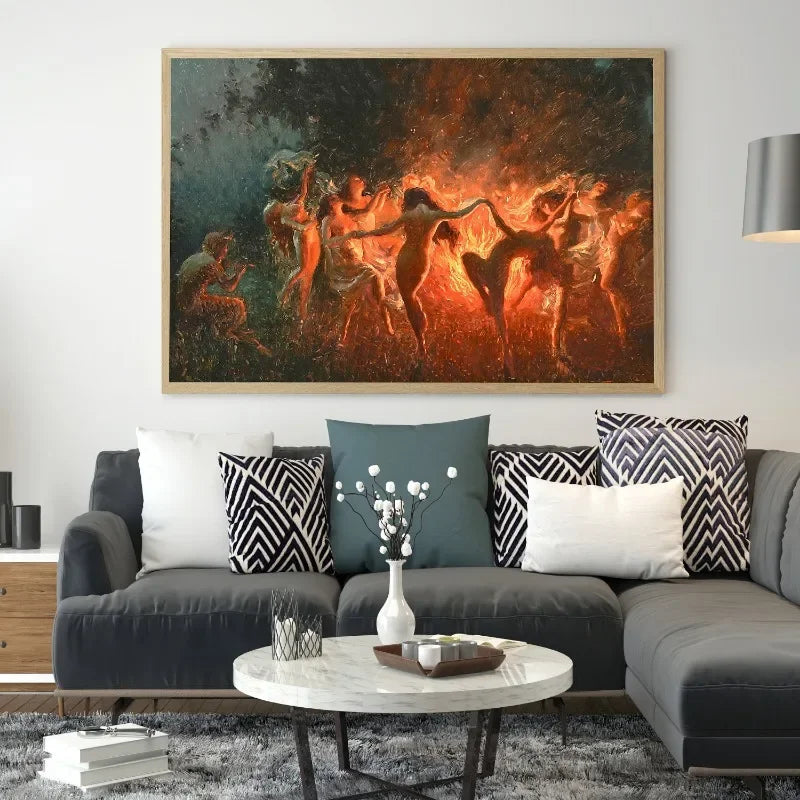 toile d'art contemporaine peinture abstraite figures humaines dansantes vert foncé orange rouge noir beige
