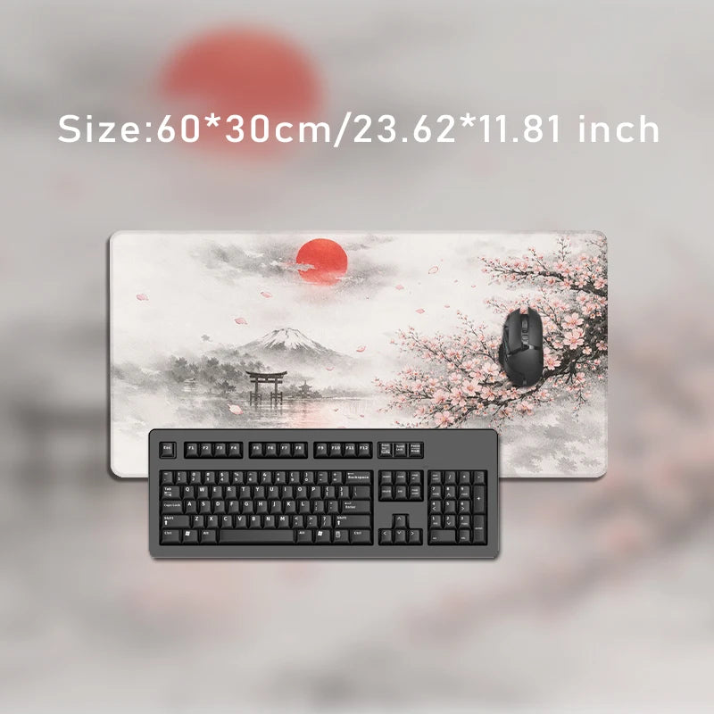 tapis souris gris rose paysage japonais mont Fuji cerisiers fleurs ciel nuageux adhésif 900x400mm