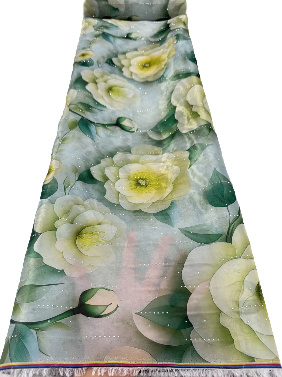 tissu polyestère dentelle fleurs imprimé opaque rose vert blanc mariage