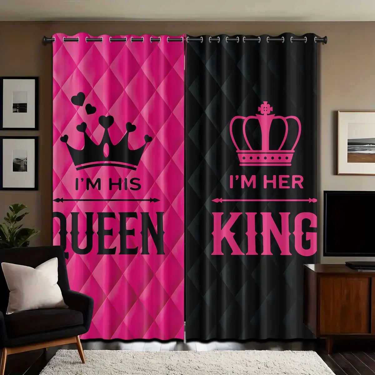 rideaux moderne rose vif noir quilted couronnes mots opaques anneaux métalliques salon