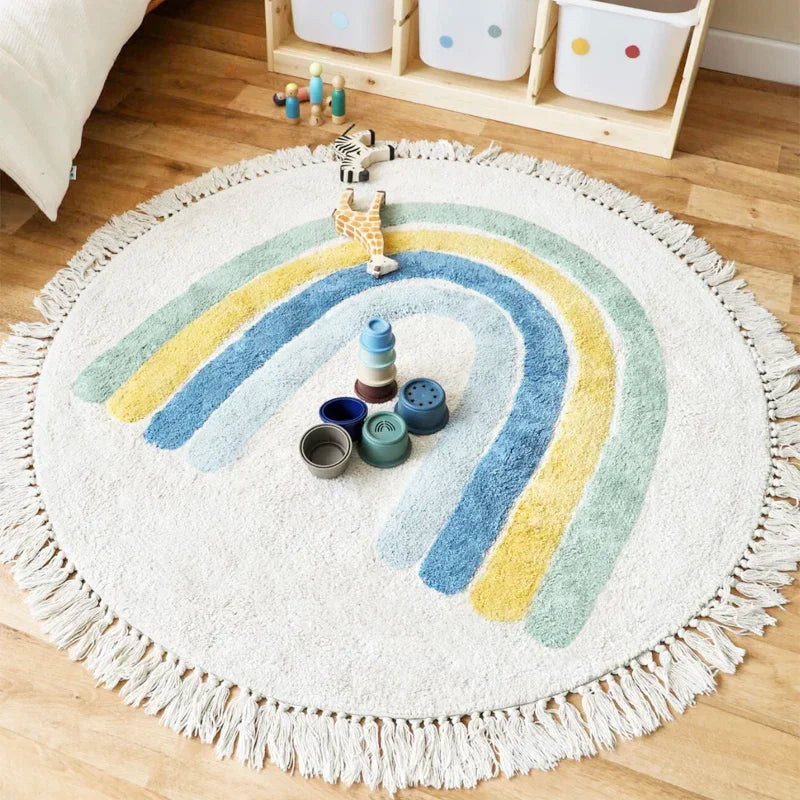 tapis rond acrylique anti slip arc ciel franges moderne couleurs vives chambre coucher