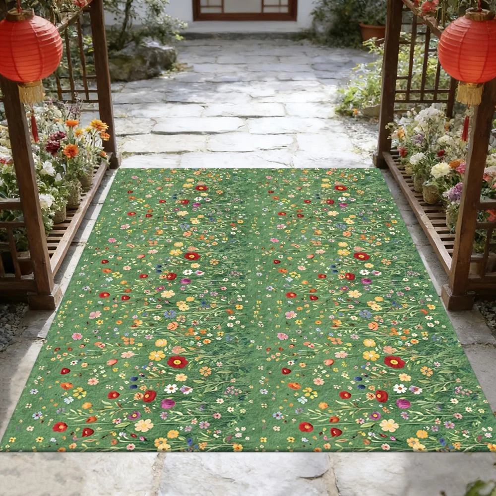 tapis moderne fleurs colorées vert clair extérieur salon antidérapant facile nettoyage
