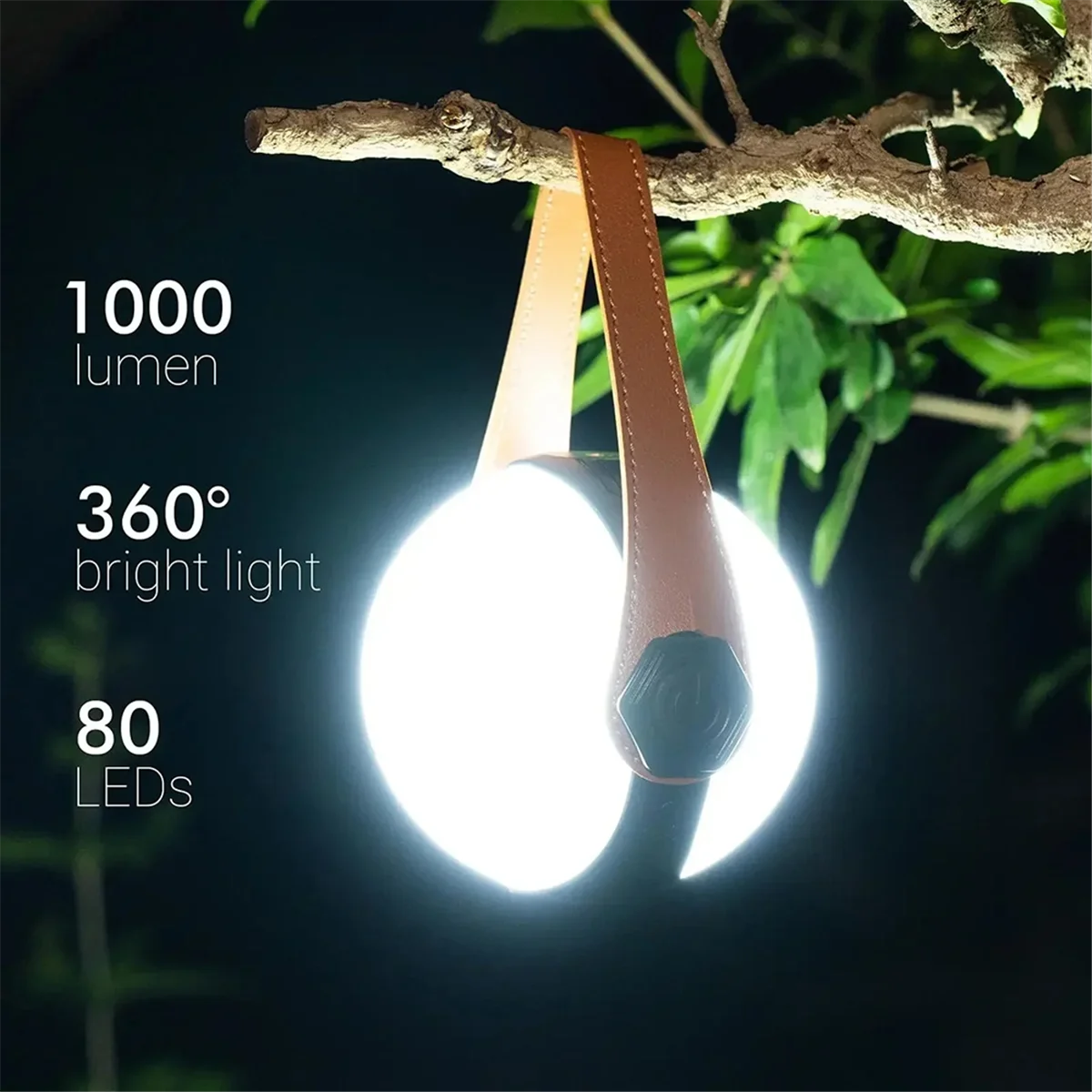 lampe led portable camping rechargeable suspension trépied sangle cuir moderne étancheextérieur