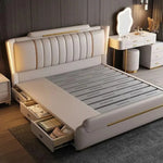 lit moderne bois simili cuir beige vertical doré intérieur 150cmextérieur 168cmhauteur 117cmlongueur 225cm