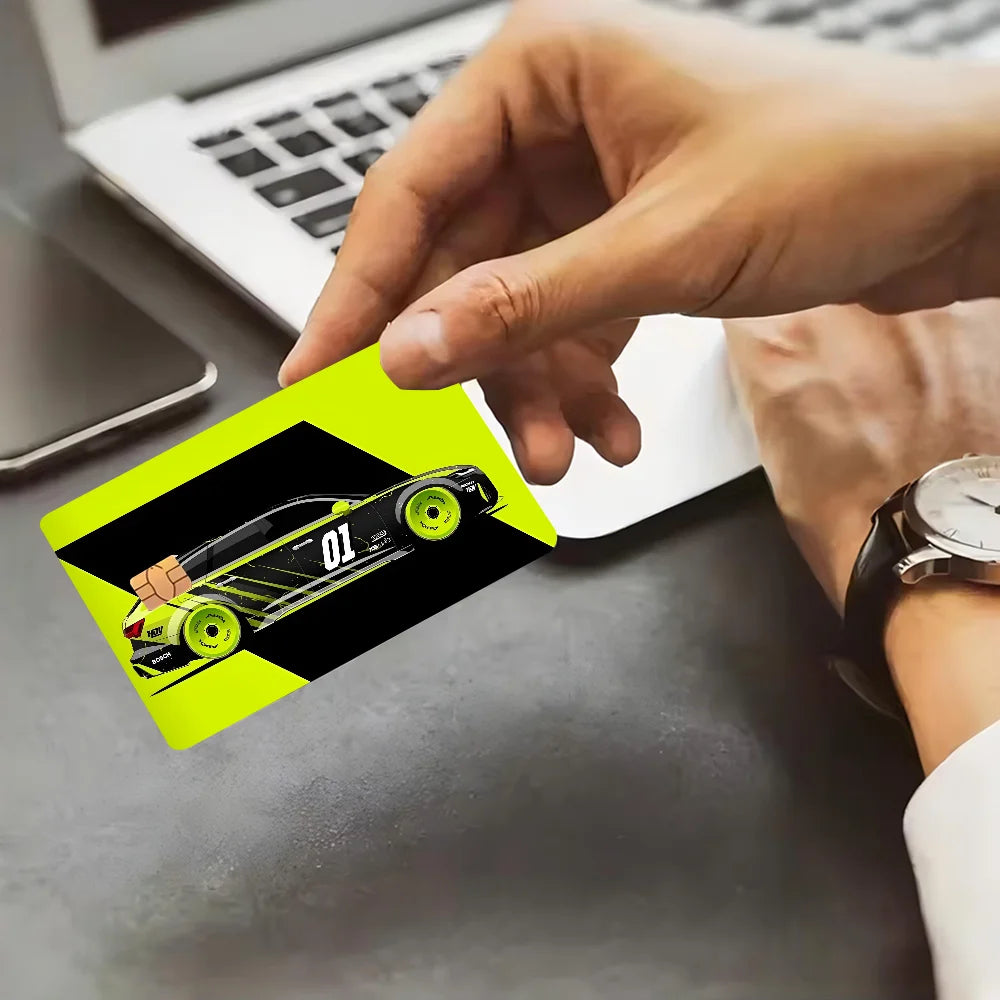 stickers carte crédit voiture sportive stylisée moderne waterproof réutilisable jaune fluo noir