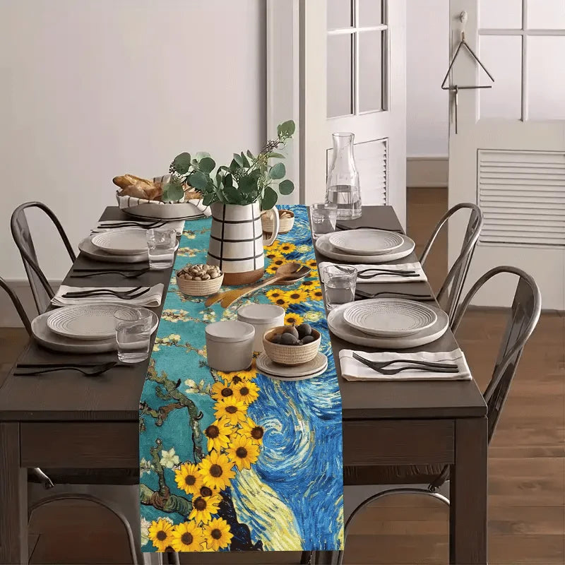 tableau moderne tournesol bleu jaune blanc décoration table élégante artistique cuisine restaurant mariage fête