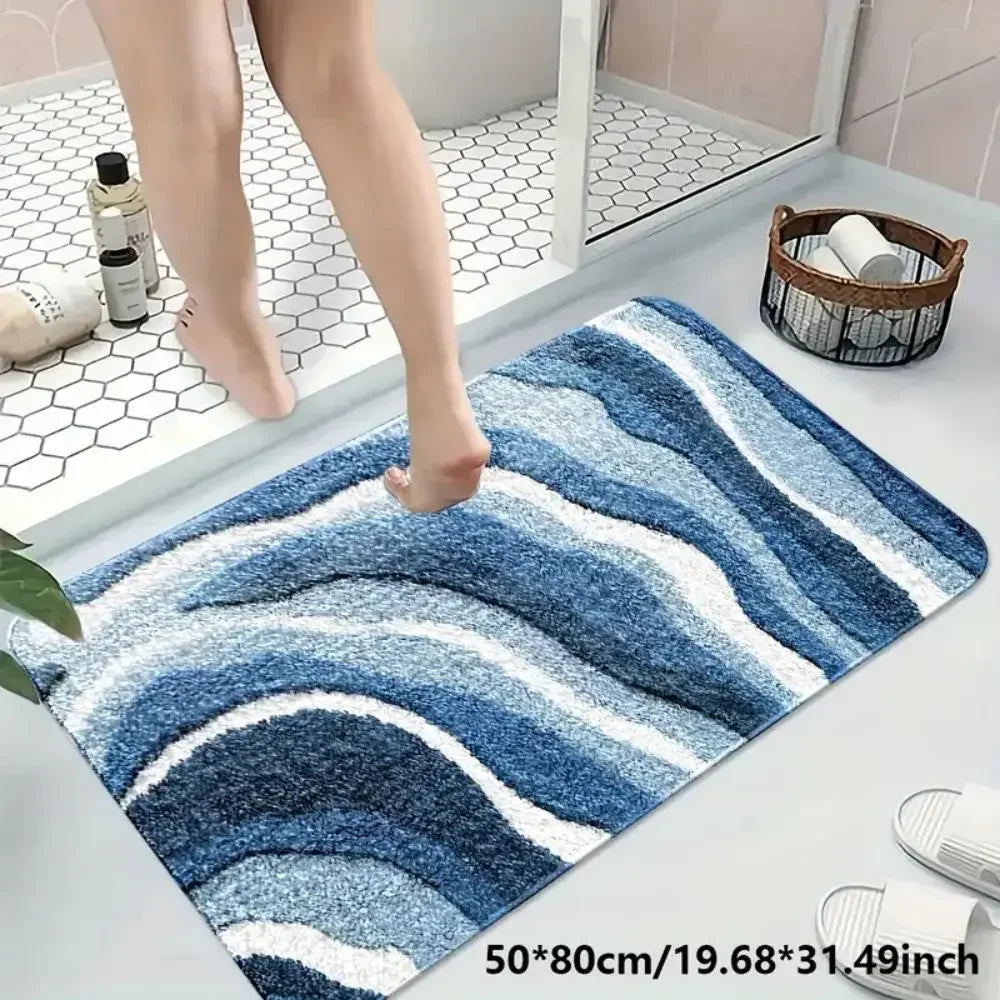 tapis bain bleu blanc rayures ondulées moderne antidérapant absorbant intérieur salle bain cuisine couloir