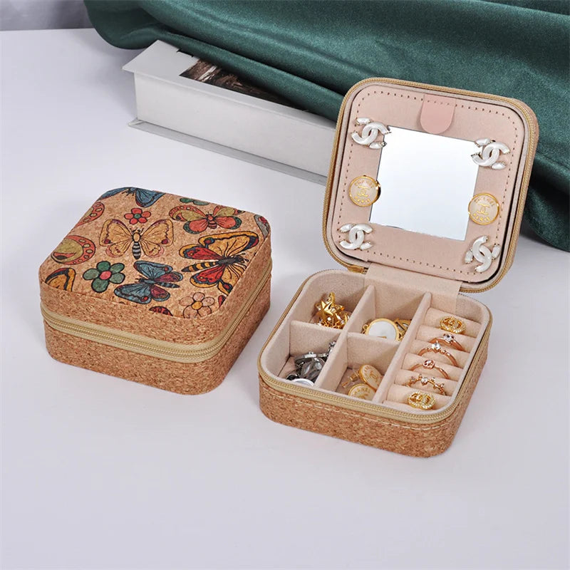 boîtes bijoux vintage zippées boho chic velours imprimé floral beige multifonctionnel porte bijoux travel
