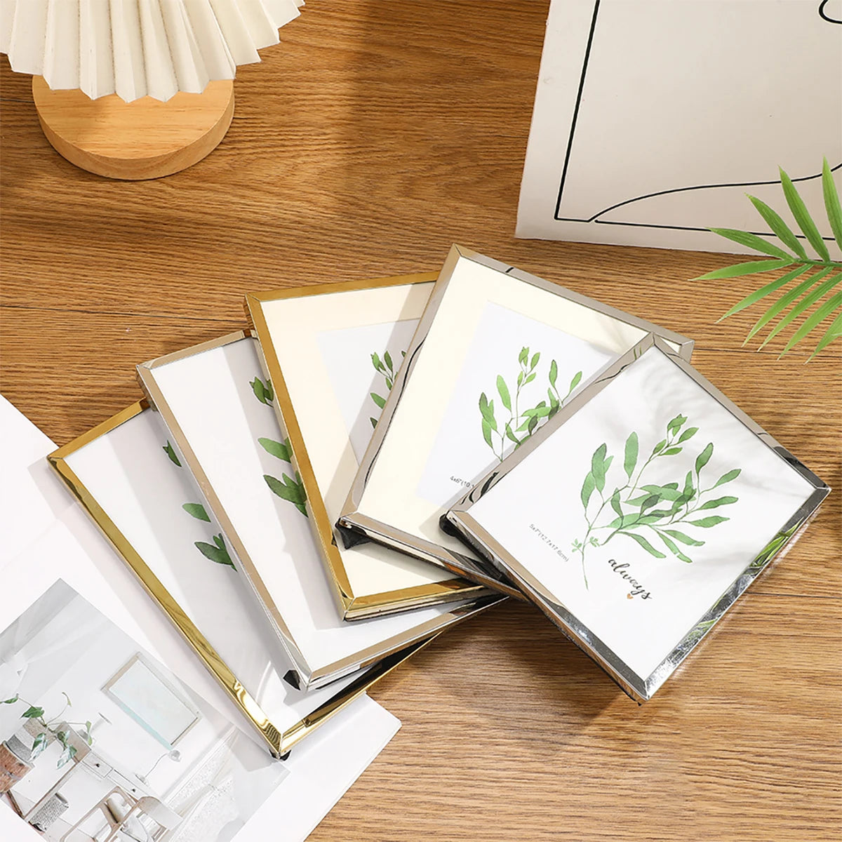 cadre photo moderne or argent feuilles vertes acrylique transparent minimaliste