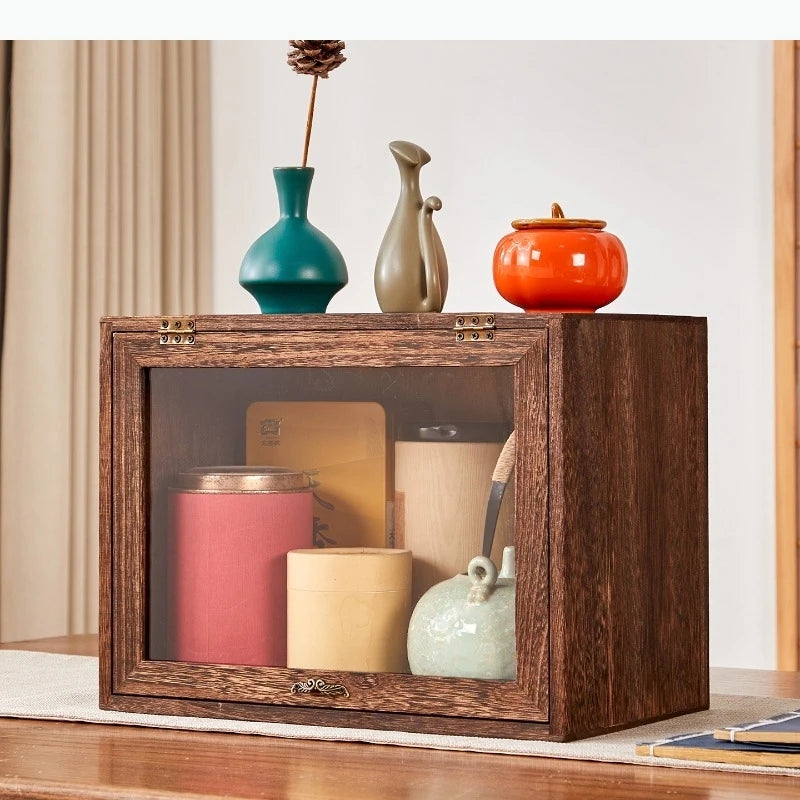 boîte souvenirs bois rustique porte vitrée présentoir organisation vases céramique livres horloge réveil