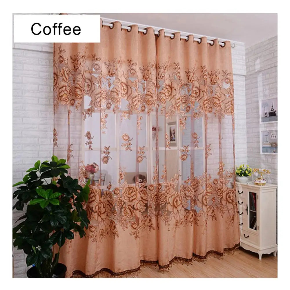rideau maison floral marron violet translucide jacquard ornements complexesDecoration chambre salon