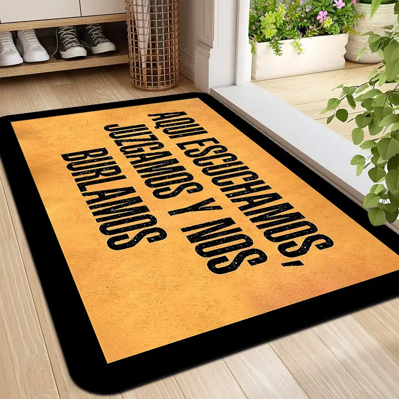 tapis sol antidérapant mousse mémoire forme polyester orange humour texte espagnol bord marron arrondi