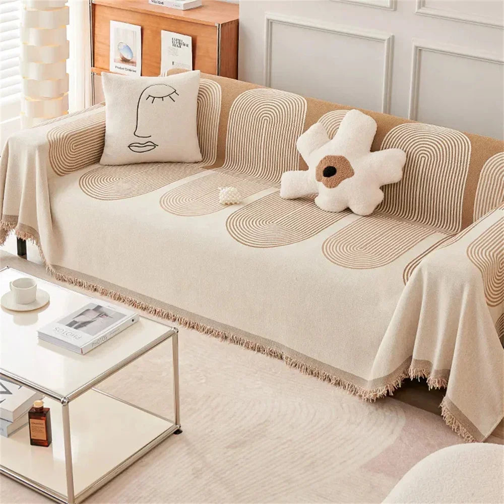couverture canapé polyester beige rayures moderne douce anti poussière hiver 180x130cm simple