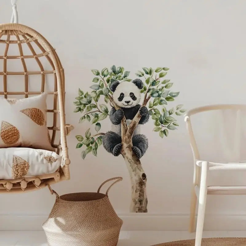sticker mural panda arbre feuilles vertes adhésif chambre enfant décoration intérieure illustration réaliste