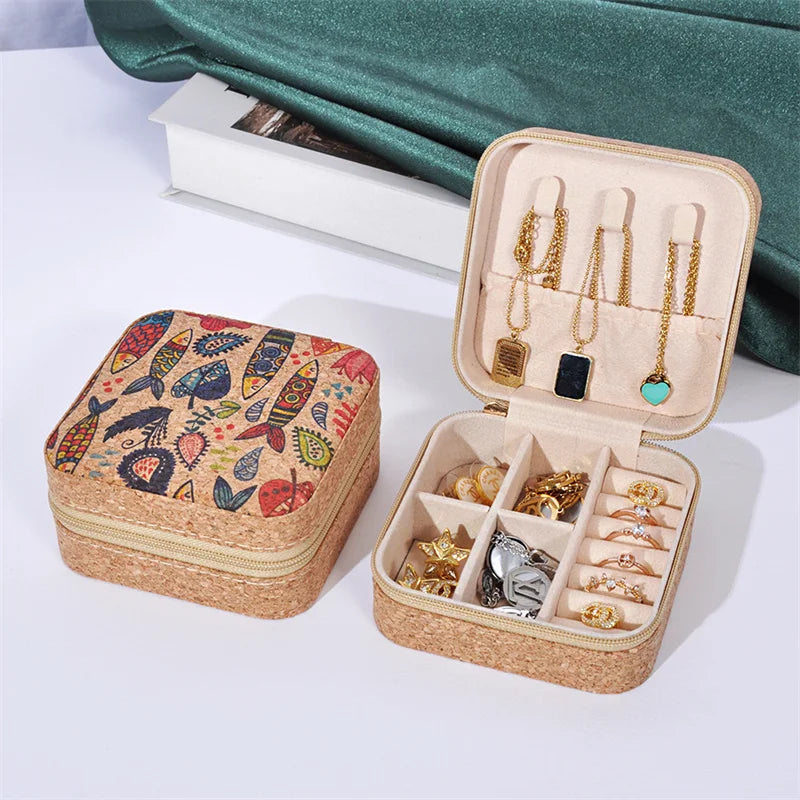 boîtes bijoux vintage zippées boho chic velours imprimé floral beige multifonctionnel porte bijoux travel