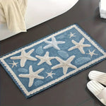 tapis sol salle bain océan bleu étoiles mer coquillages bordure dentelée non glissant moderne
