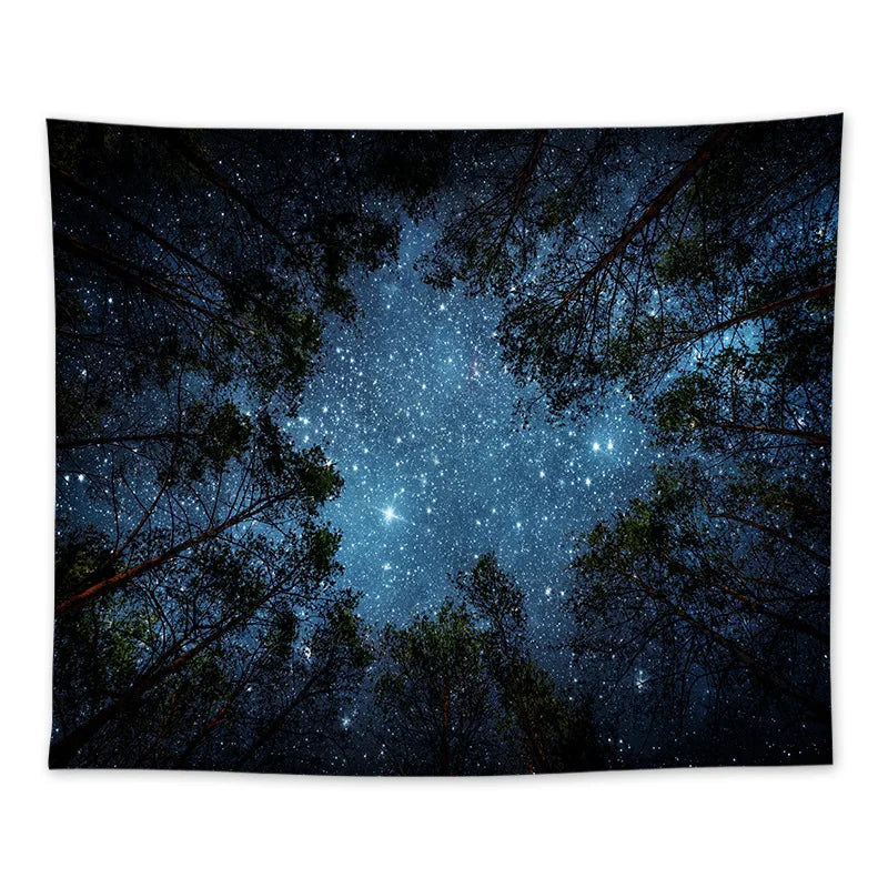 tapisserie forêt nocturne étoiles aurora borealis bleu noir blanc vertical maison chambre decoration