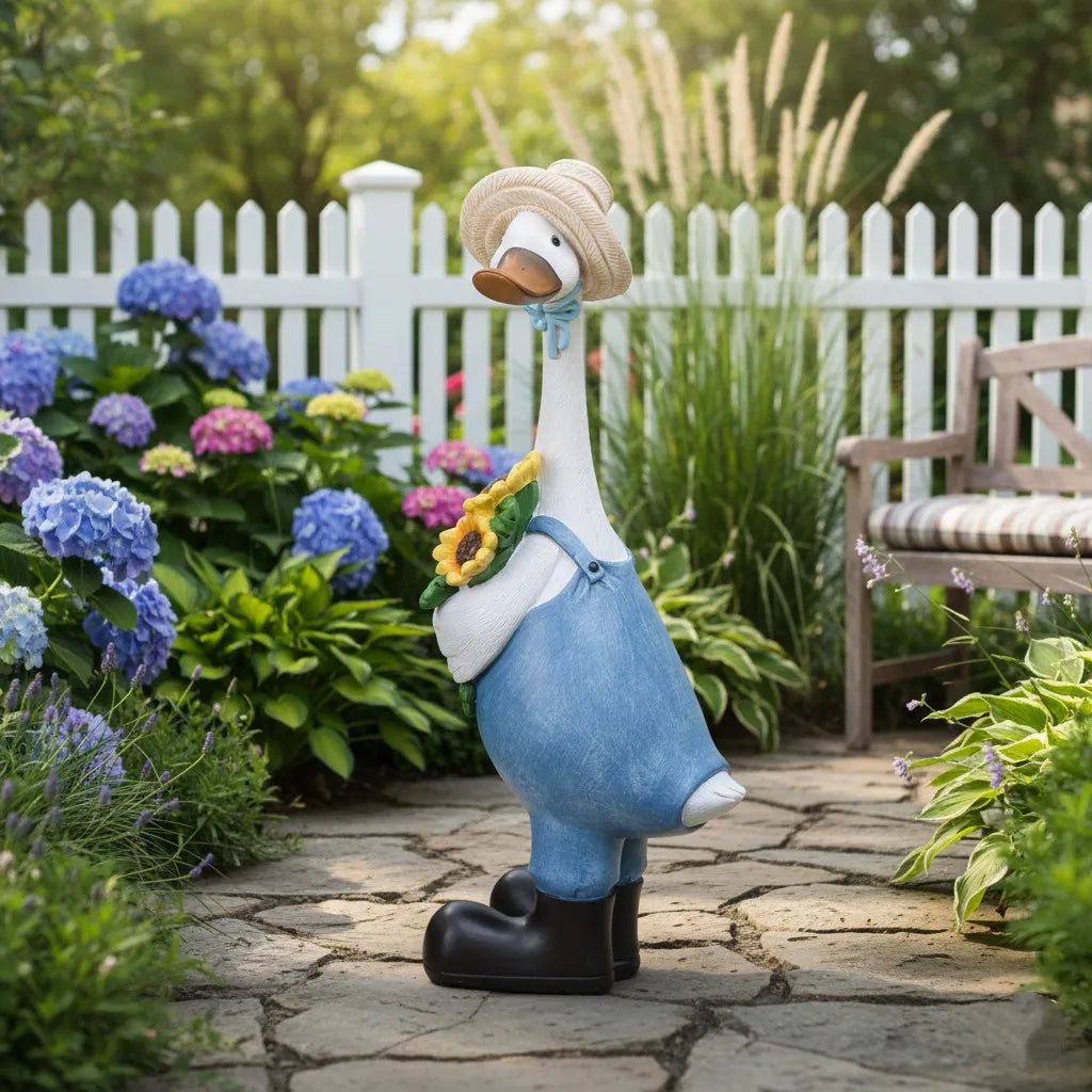 statue jardin canards vêtements fleurs chapeau bottes motifs floraux décorative résistante intempéries durableextérieur