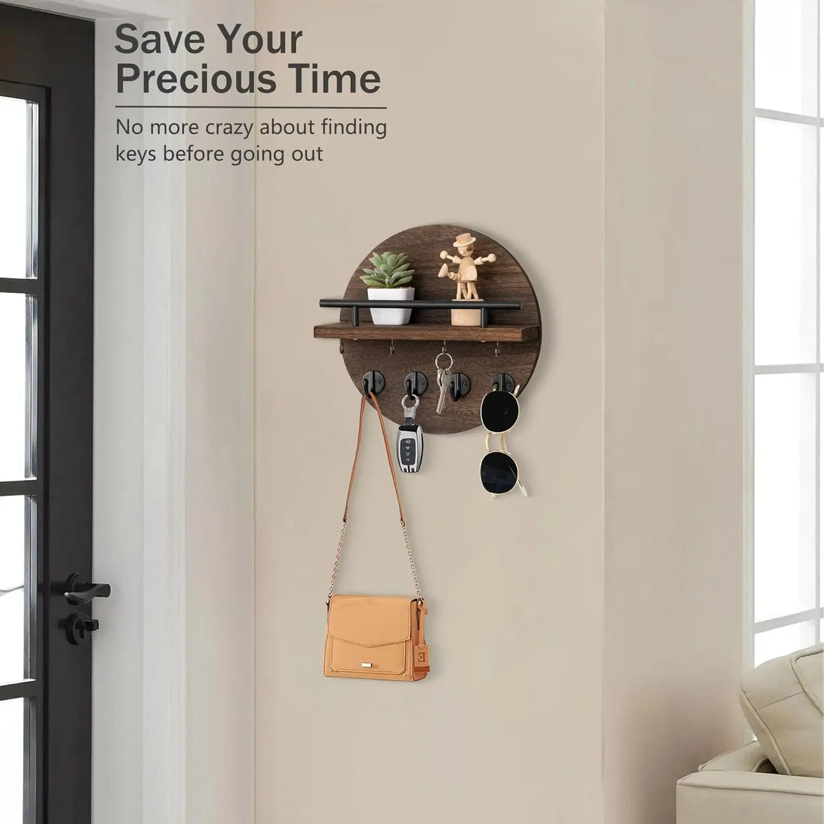 porte clés mural bois crochets vis organisation moderne rustique porte monnaie montre parapluie