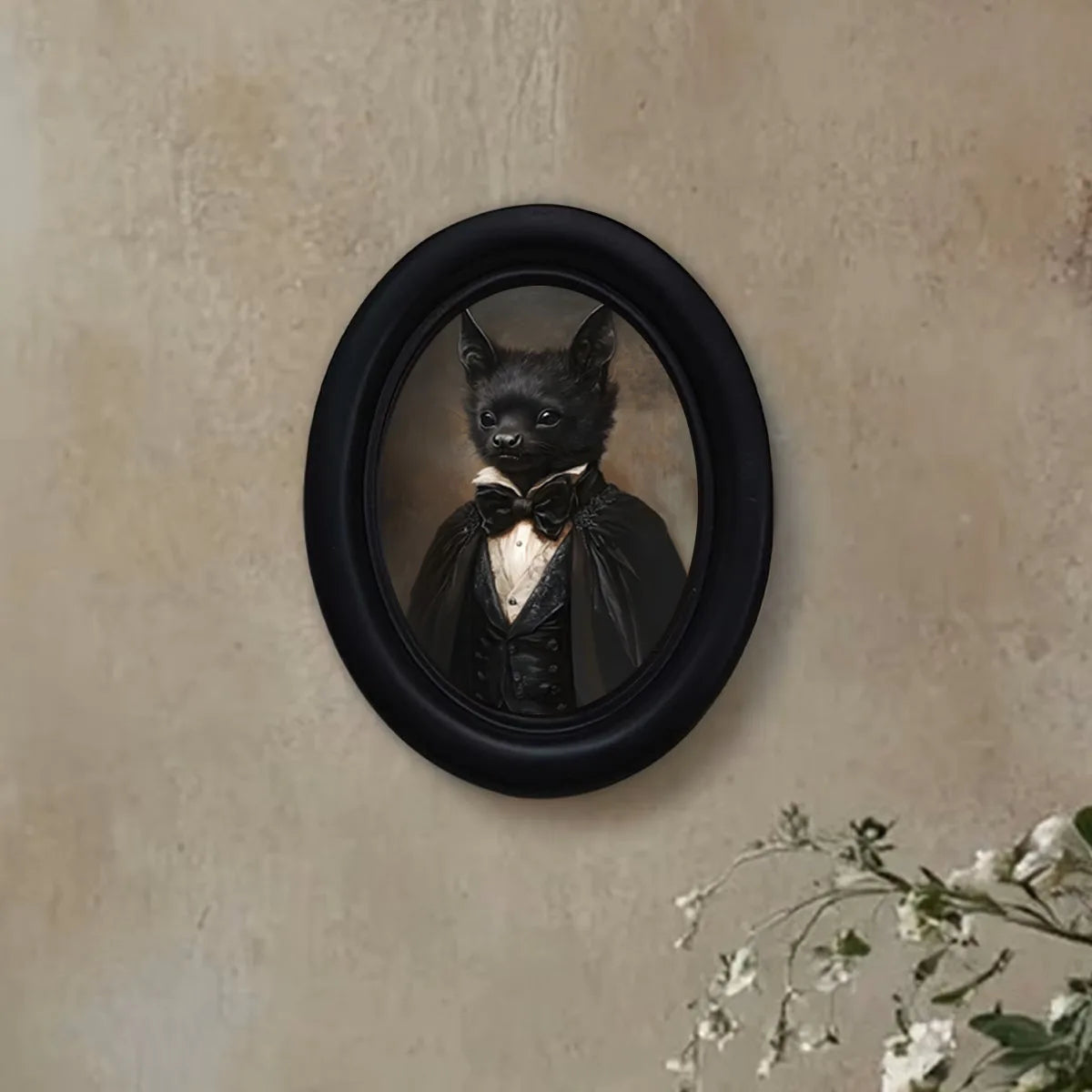 cadre photo ovale noir chat costume classique décoration murale vintage gothique