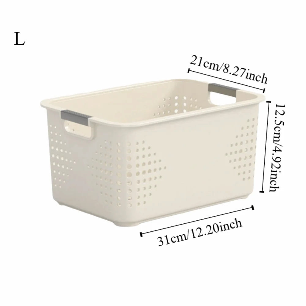 paniers rangement plastique perforé moderne poignées beige clair empilables cuisine