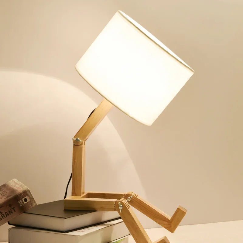 lampe table bois naturel tissu beige moderne minimaliste led ajustable chambre