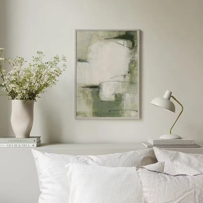 tableau toile art abstrait peinture moderne vert gris noir blanc cadre bois décoration murale