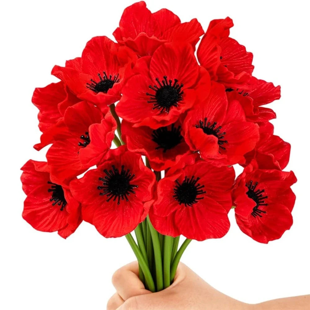 bouquet fleurs artificielles coquelicots rouge vif centres noirs feuilles réalistes modernes intérieur décoration