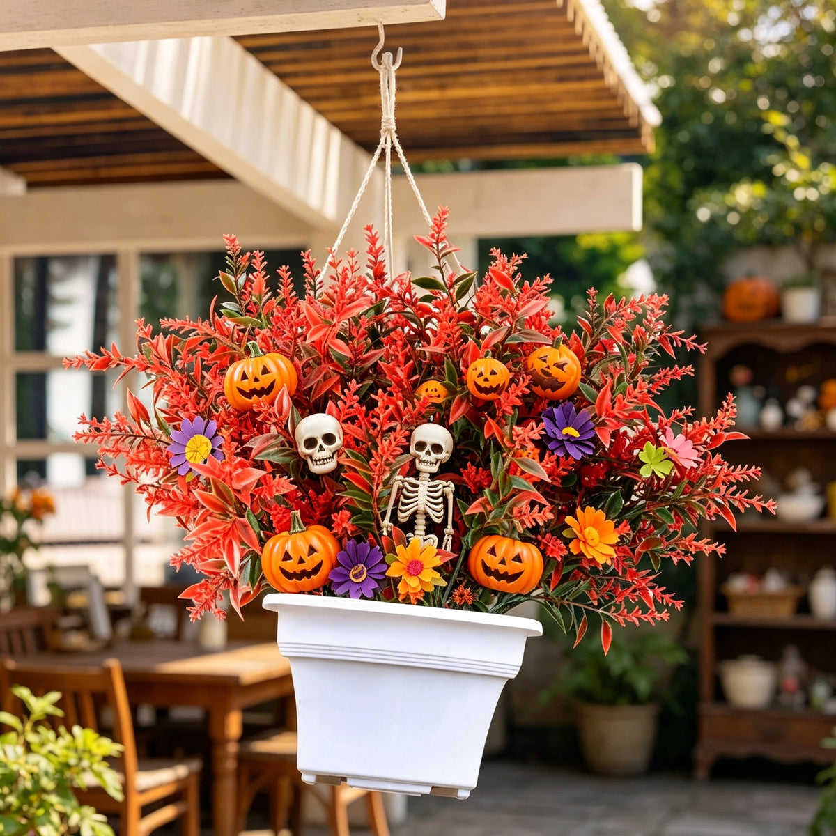 bouquets artificiels halloween crânes citrouilles fleurs violet orange blanc noirextérieur exposition