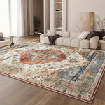tapis bohème vintage bleu beige rouge ornements floraux bordure ornée antidérapant facile entretien