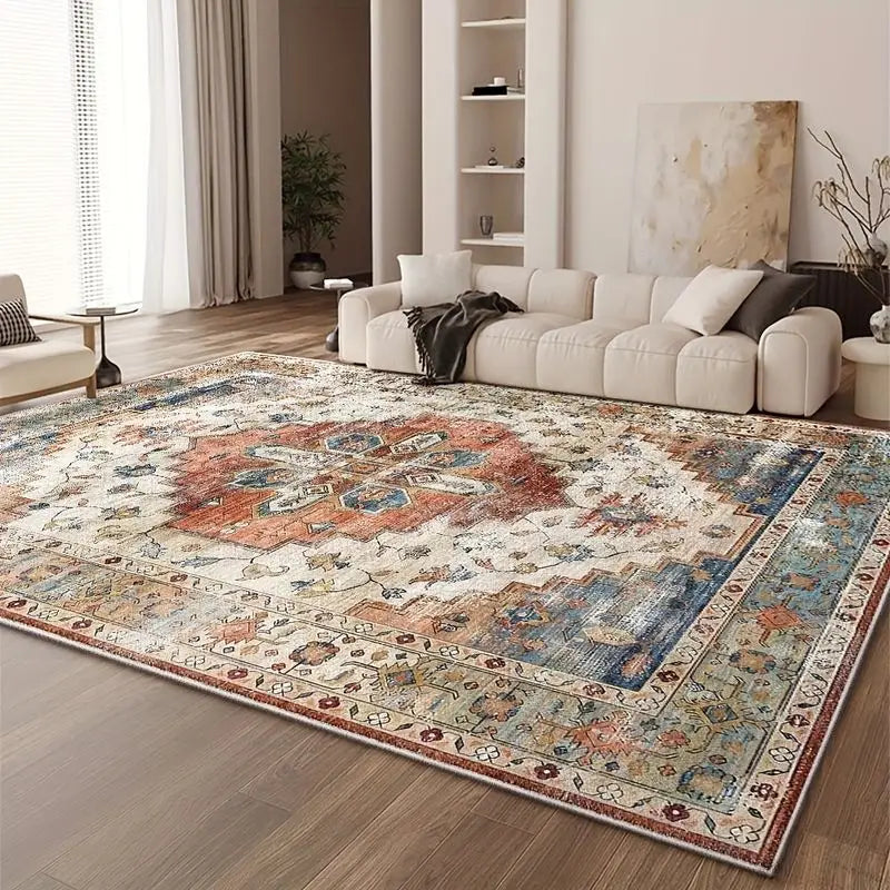 tapis bohème vintage bleu beige rouge ornements floraux bordure ornée antidérapant facile entretien