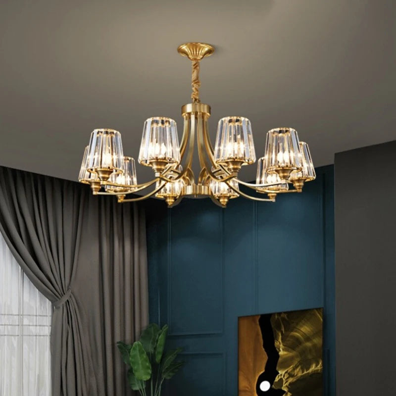 lustre moderne cuivre poli 10 têtes ampoules led transparentes rayures