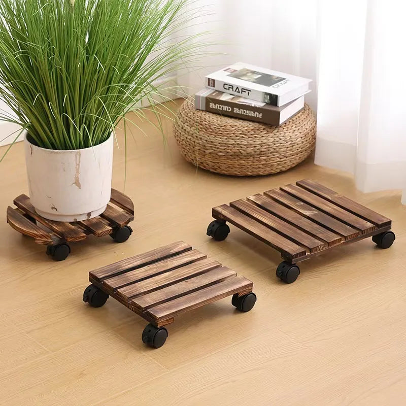supports plantes roulants robustes bois massif non enduit plateaux pots fleurs roulettes rustique multifonctionnels