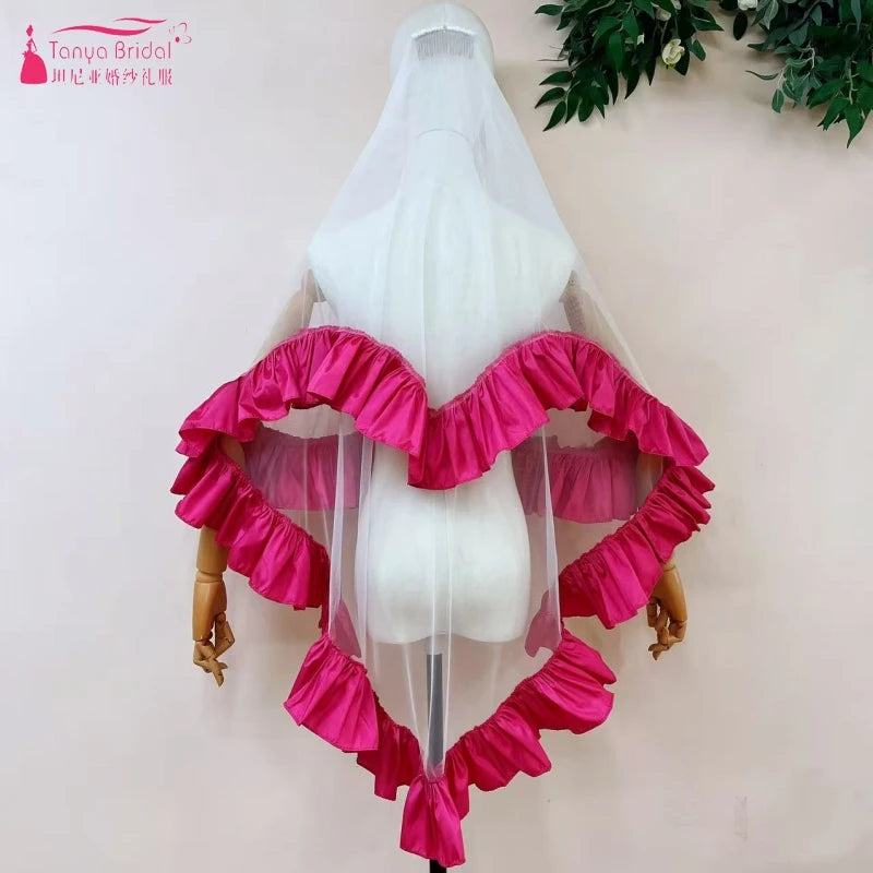 voile mariée blanc rose violet classique élégant volants polyester deux couches translucide