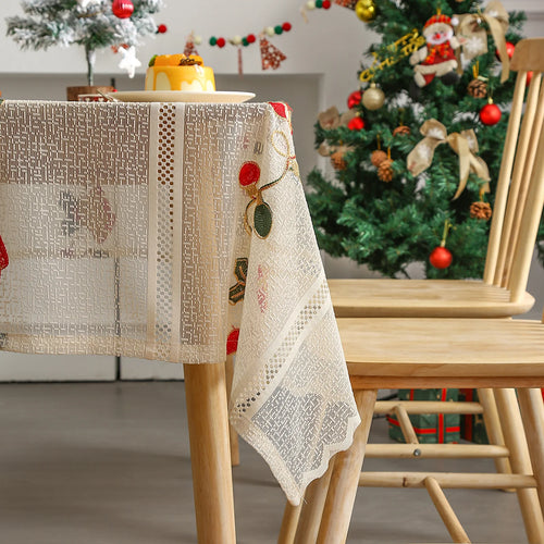 nappe table noël brodée pommes feuilles verte beige clair classique festif tapis table basse