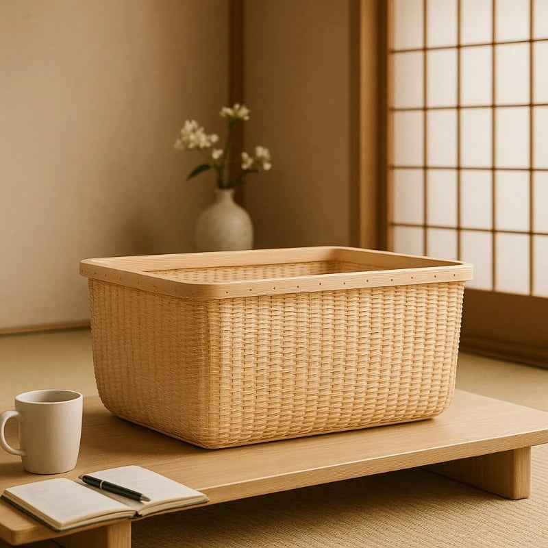panier rotin tressé beige clair salon cuisine rangement naturel traditionnel respectueux environnement couvercle organisateur