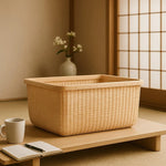 panier rotin tressé beige clair salon cuisine rangement naturel traditionnel respectueux environnement couvercle organisateur
