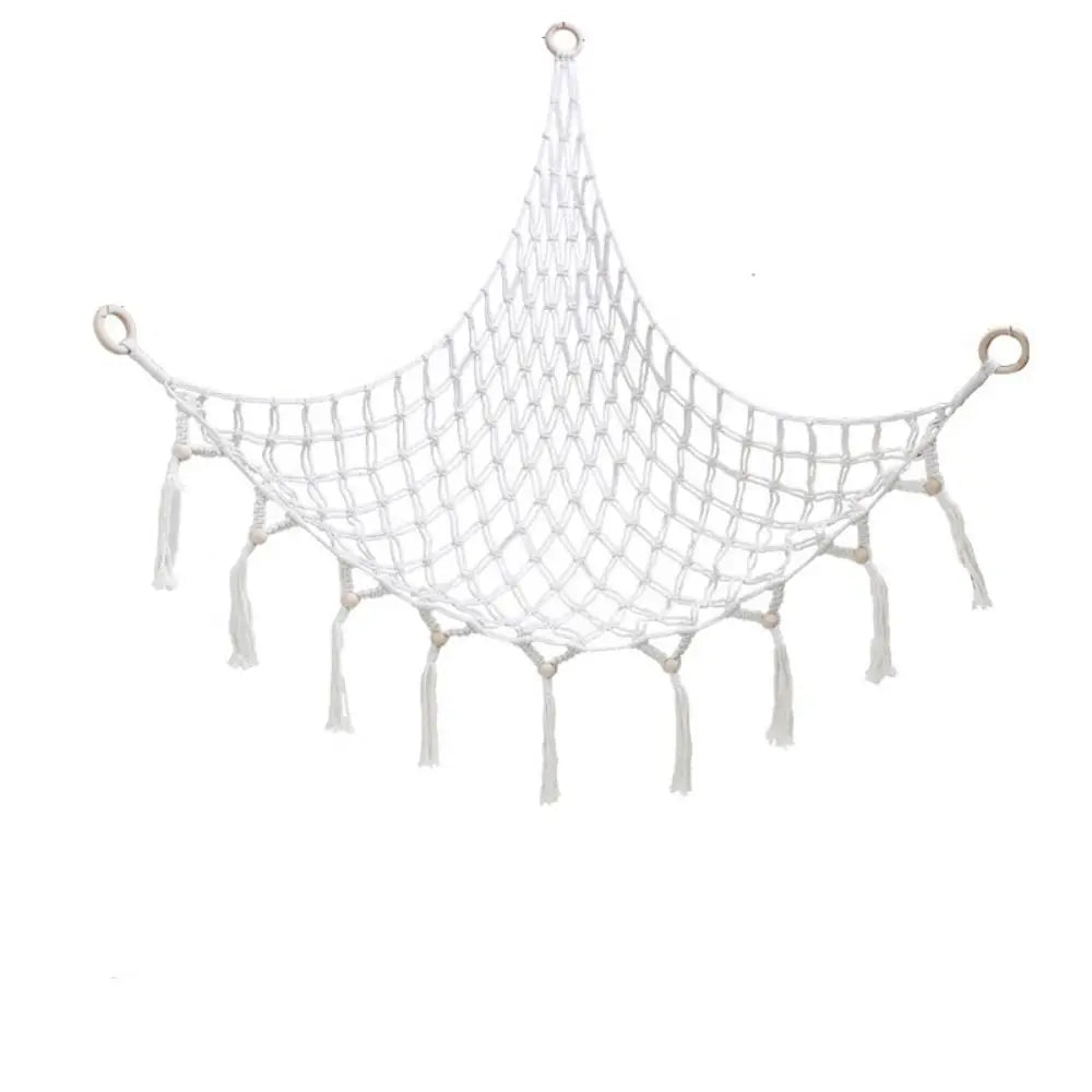 filet suspendu rose blanc maille régulière franges anneaux métalliques réutilisable créatif artisanal