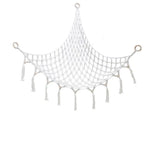 filet suspendu rose blanc maille régulière franges anneaux métalliques réutilisable créatif artisanal