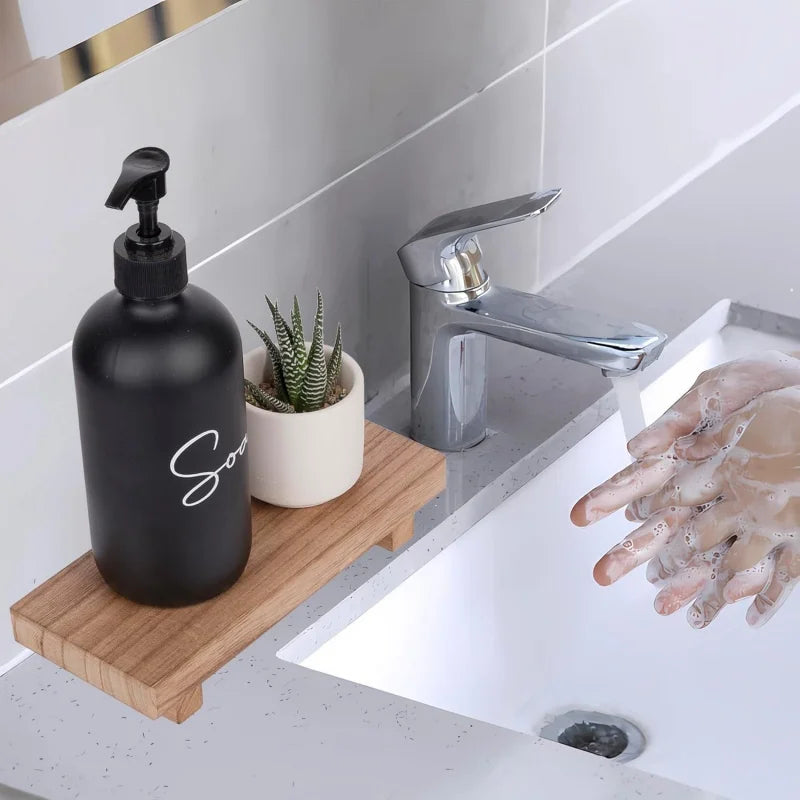 porte savon plateau bois support flacon pompe bougie plante succulente diffuseur parfum brosse main