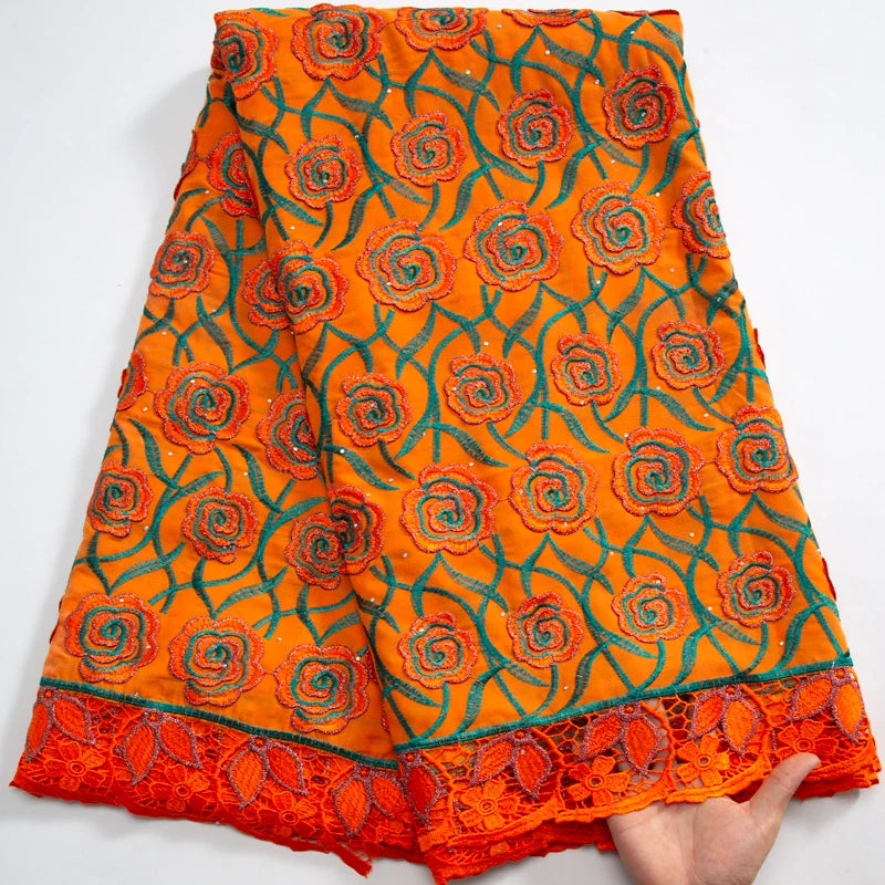 tissu africain brodé fleurs feuilles orange vert bleu rose traditionnel dentelle rhinstones soirée