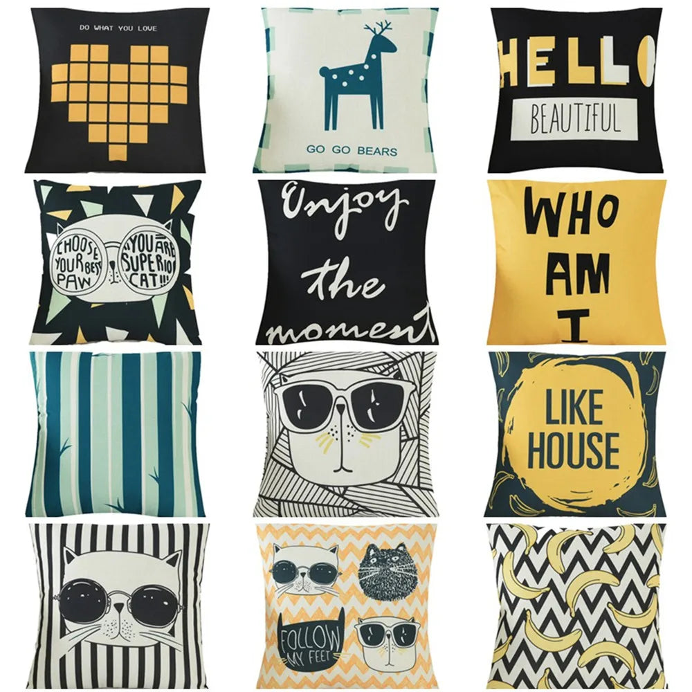 housse coussin carré géométrique chat animé coton lin moderne salon chambre voiture