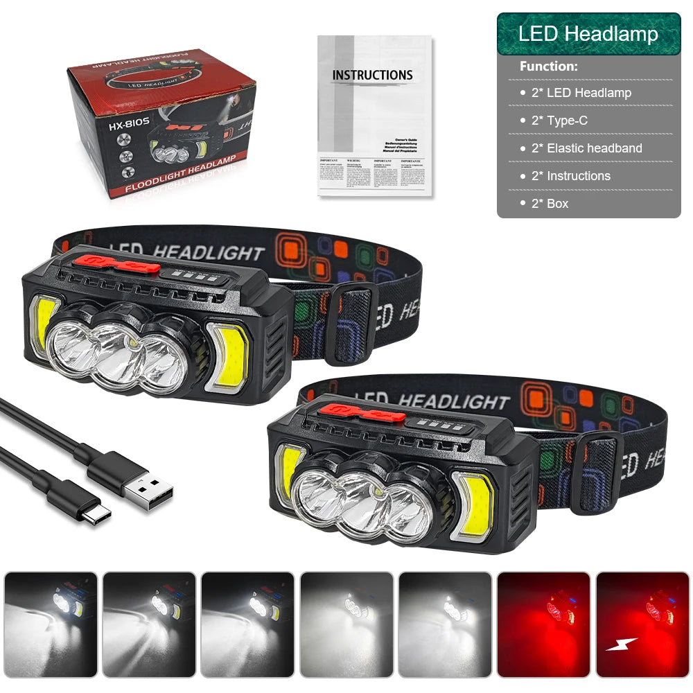 lampe frontale led rechargeable noire jaune rouge randonnée camping modes étanche self défense