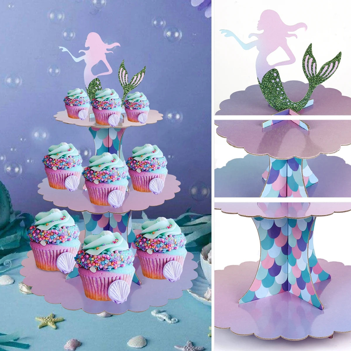 supports gâteaux sirène thème océan couleurs violette bleu verte rose figurines poissons coraux