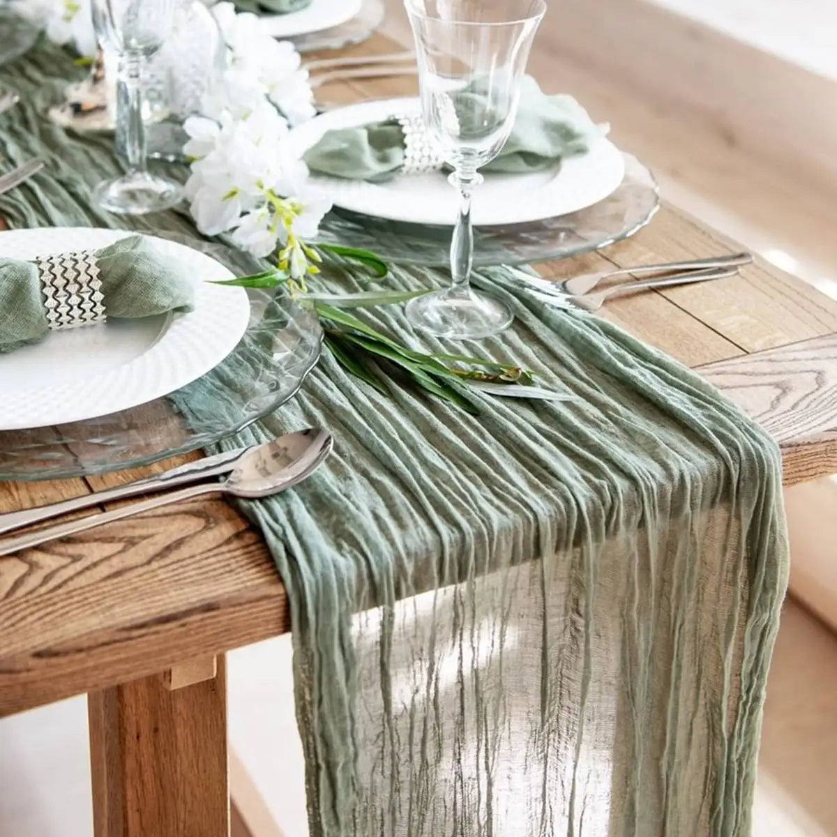 nappe table plissée rustique élégante couleur beige verteOpaque polyester maison festive mariage noël
