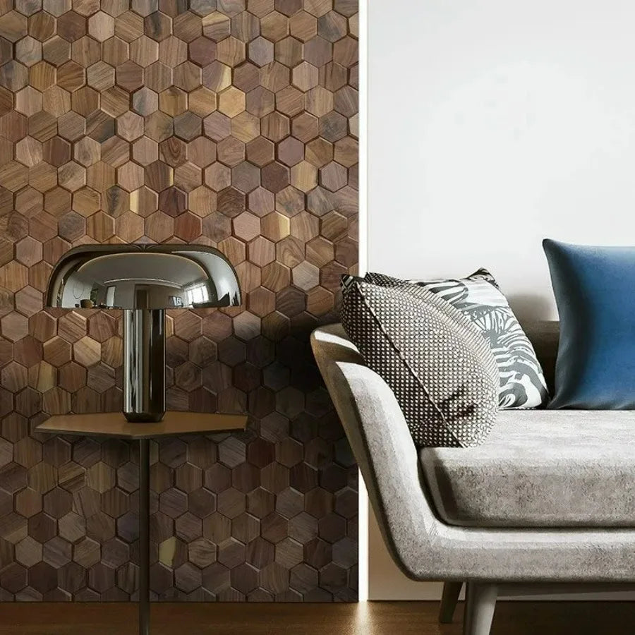 mosaïque hexagonale bois marron moderne décoration murale chic pièces irrégulières gravure naturelle
