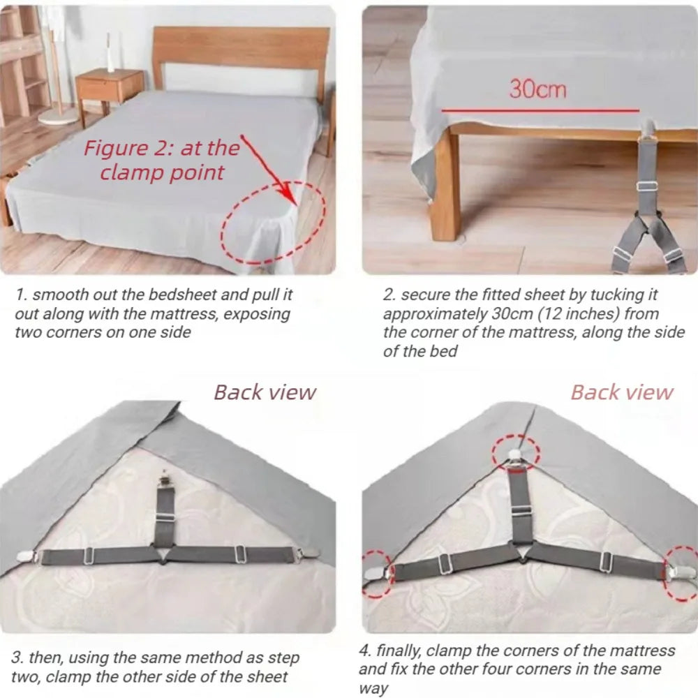 attaches élastiques clips métalliques noir blanc redutilitaires draps matelas fixations schémas explicatifs motifs carreaux