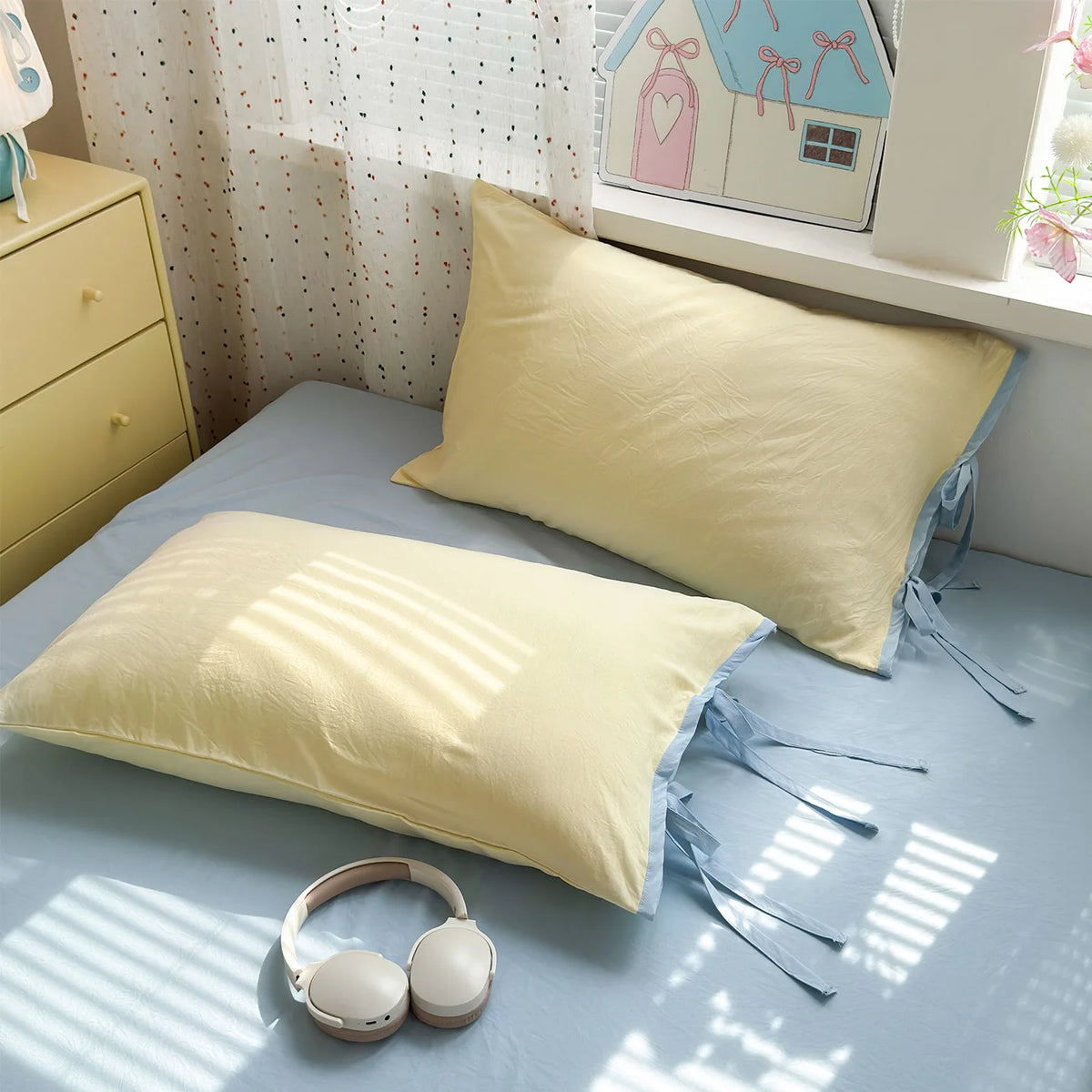 ensemble literie jaune bleu 150x200cm 180x220cm 200x230cm taies oreillers bord festonné