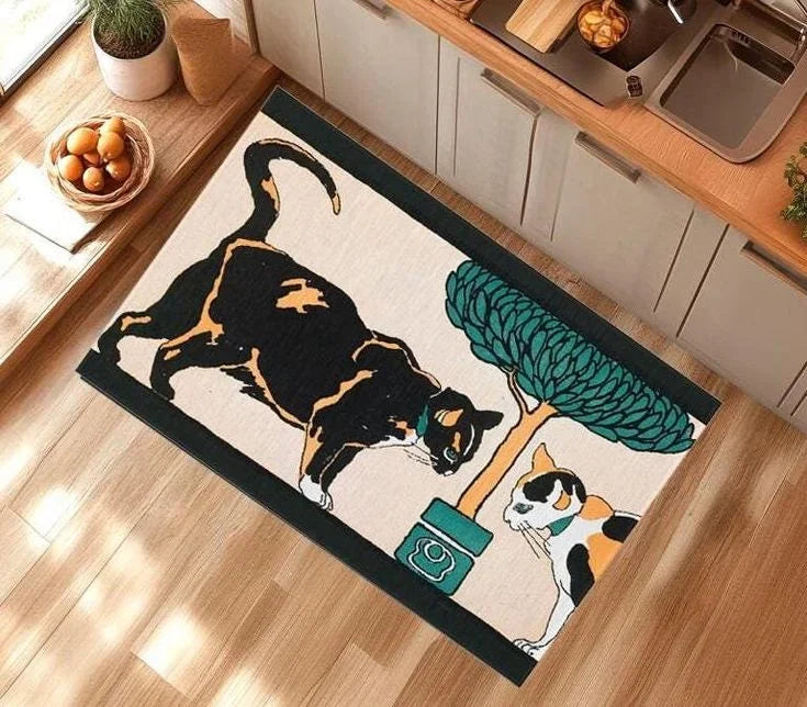 tapis moderne motif chats floral noir blanc orange dimension 30x50cm 40x60cm