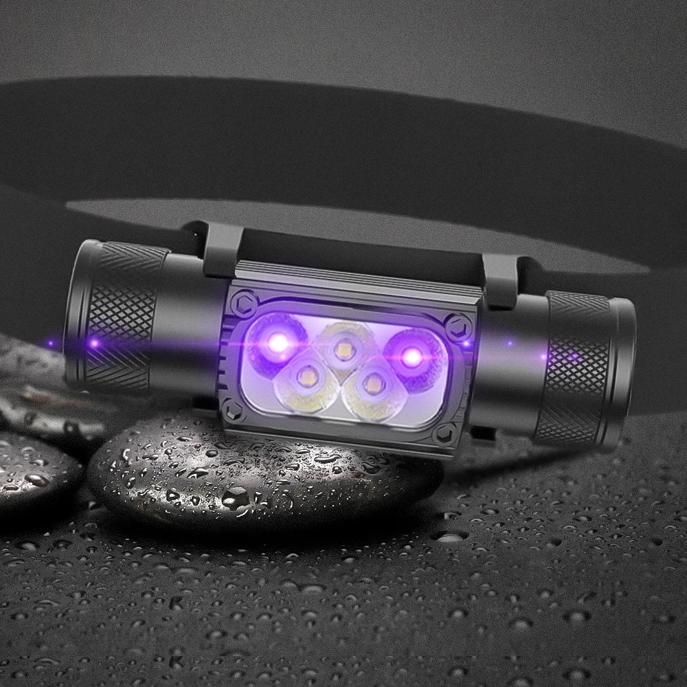 lampe frontale uv rechargeable led 18650 batterie type camping chasse